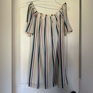 She and Sky striped dress; off shoulder; cream/blue/brown/red; size small